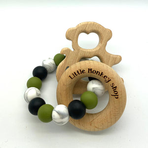 Little Monkey Shop - Bijtring - Tricolor Olijf, Zwart, Marmer met figuurtje