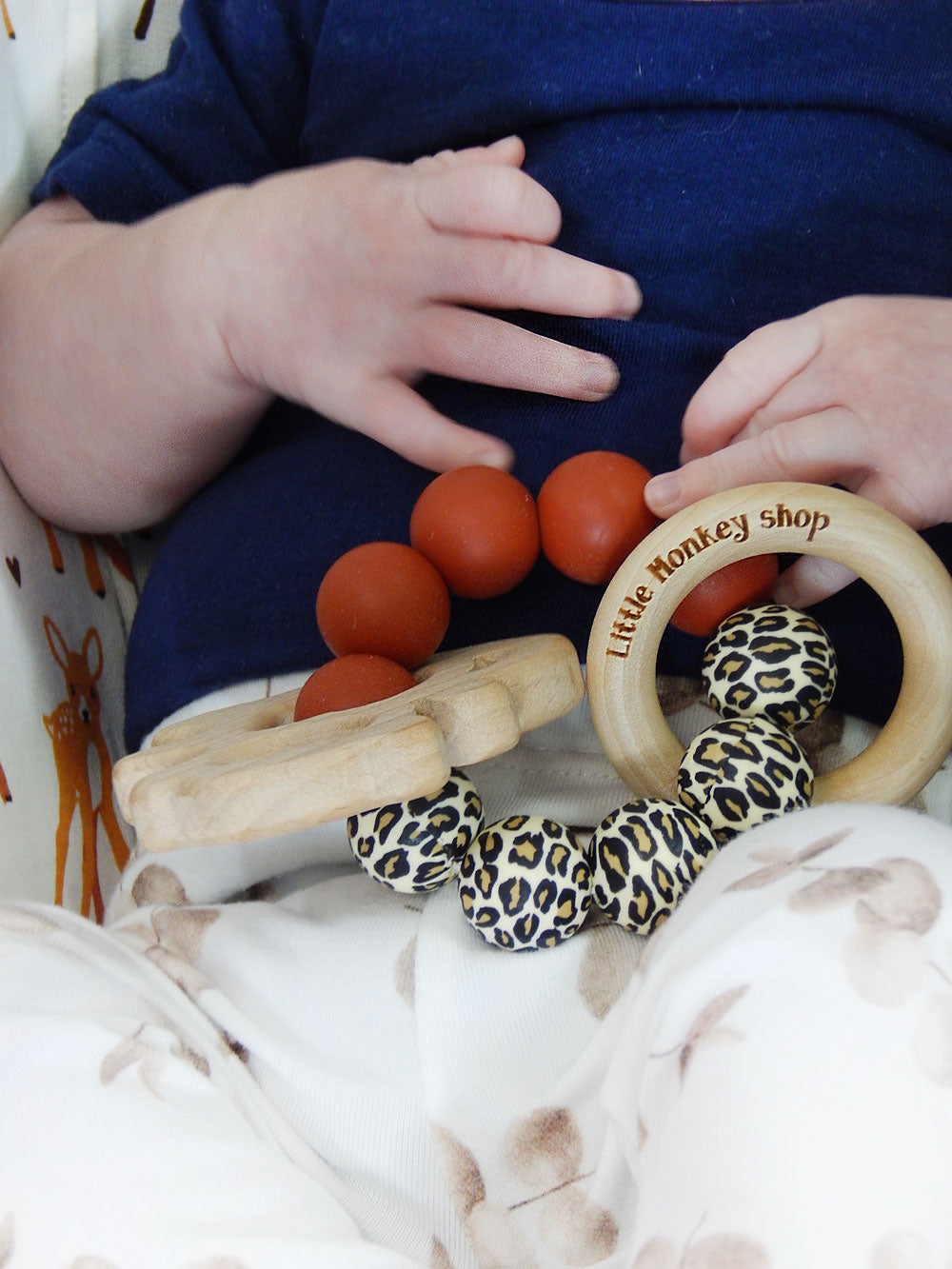Little Monkey Shop - Teether Ring - Rust & Panther with figure