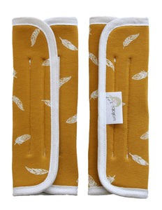 Seat belt protectors Large Universal - Yellow ocher with White Feathers