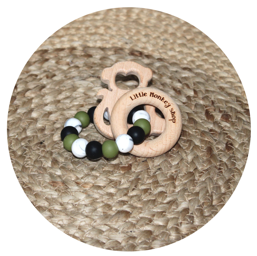 Little Monkey Shop - Teether Ring - Tricolor Olive, Black, Marble with figure